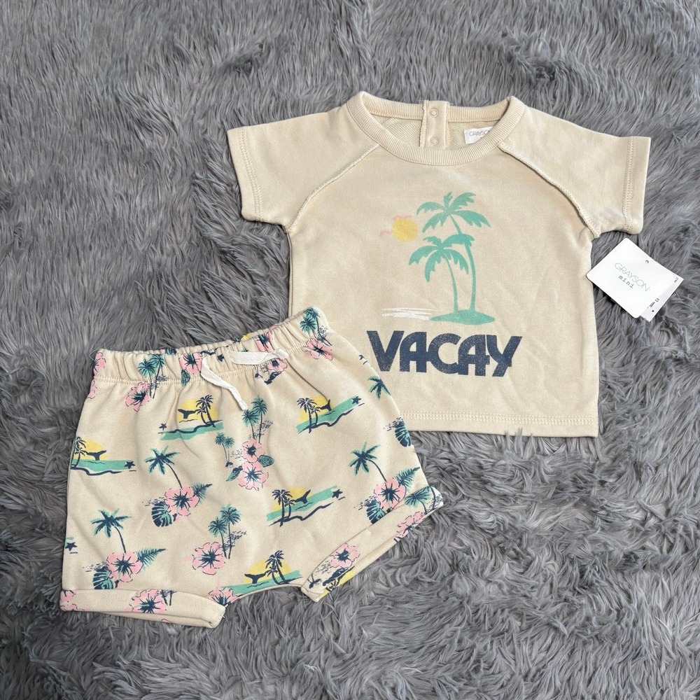 Grayson Mini Vacay Outfit Set Cream Palm Trees Baby 6-9 Months Summer‎ NEW